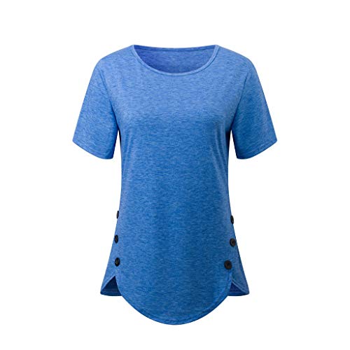 TUDUZ Blusa Mujer Manga Corta Camisa De Color Liso Botones Irregulares Dobladillos Tops Moda Camisetas Elegante (Azul Claro, XXL)