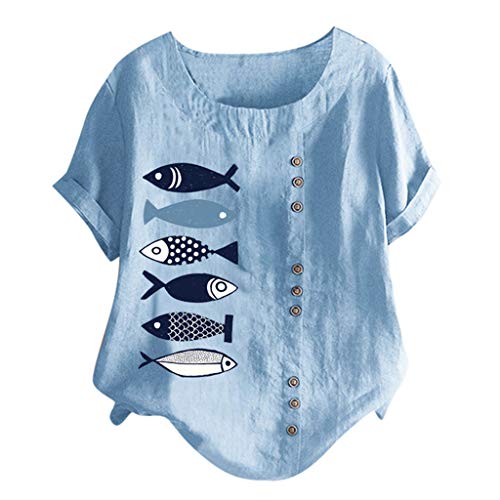 TUDUZ Blusas Mujer Manga Corta Verano Camisas O-Cuello Botón Tops Talla Extra M-5XL (Azul.a, L)
