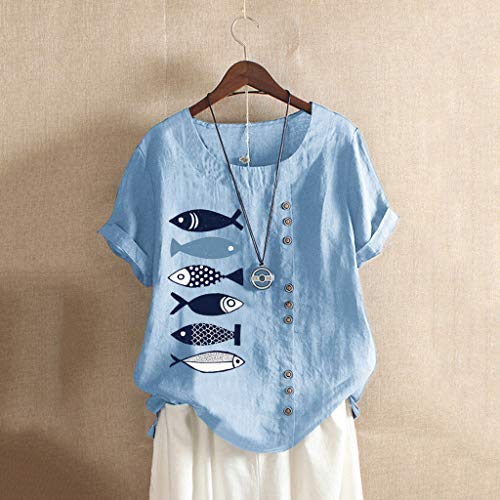 TUDUZ Blusas Mujer Manga Corta Verano Camisas O-Cuello Botón Tops Talla Extra M-5XL (Azul.a, L)