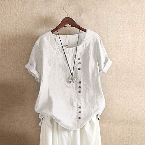TUDUZ Blusas Mujer Manga Corta Verano Lino Camisas O-Cuello Botón Tops Tamaño M-5XL (Blanco.b, M)