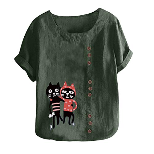 TUDUZ Blusas Mujer Manga Corta Verano Lino Camisas O-Cuello Botón Tops Tamaño S-5XL (Verde.h, M)
