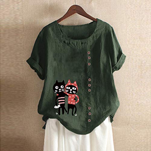 TUDUZ Blusas Mujer Manga Corta Verano Lino Camisas O-Cuello Botón Tops Tamaño S-5XL (Verde.h, M)