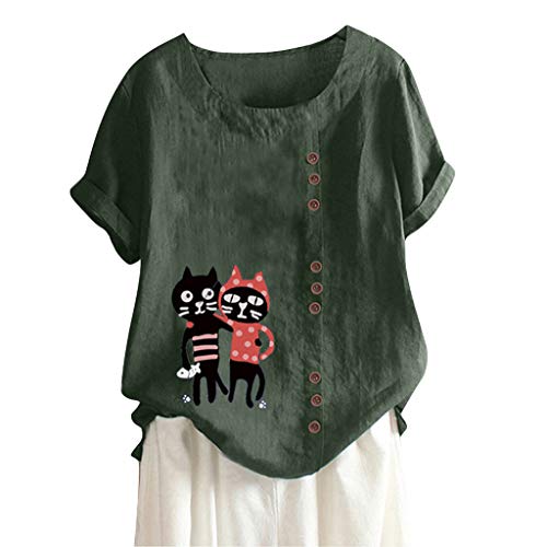 TUDUZ Blusas Mujer Manga Corta Verano Lino Camisas O-Cuello Botón Tops Tamaño S-5XL (Verde.h, M)