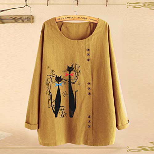TUDUZ Blusas Mujer Manga Larga Camisas Botón Camisetas Impresión Tops Suelto Talla Extra M-5XL (Amarillo.g, XXXL)