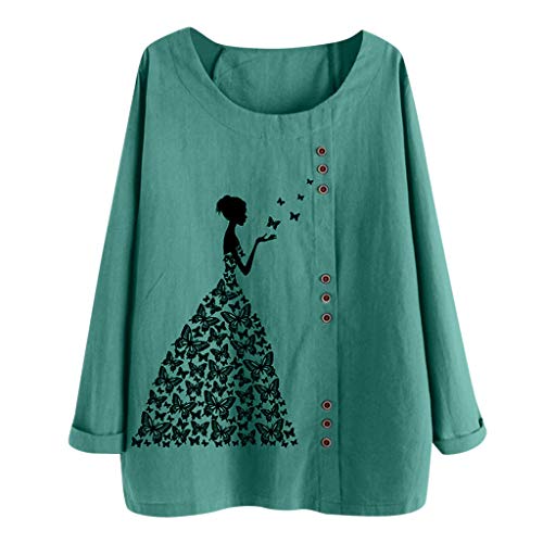 TUDUZ Blusas Mujer Manga Larga Camisas Botón Camisetas Impresión Tops Suelto Talla Extra M-5XL (Verde.h, XXL)