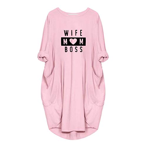 TUDUZ Blusas Mujer Manga Larga Camisas Impresión Wife Mom Boss Mini Vestidos Bolsillo Tops Tallas Grandes S-5XL (RosadoC, XXXXXL)