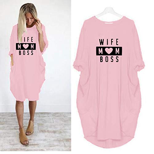 TUDUZ Blusas Mujer Manga Larga Camisas Impresión Wife Mom Boss Mini Vestidos Bolsillo Tops Tallas Grandes S-5XL (RosadoC, XXXXXL)