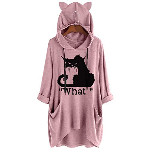 TUDUZ Blusas Mujer Manga Larga Camisas Oreja De Gato con Capucha Camisetas Impresión Tops Bolsillo (Rosa.g, L)