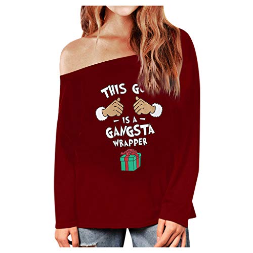 TUDUZ Blusas Mujer Manga Larga Unilateral Fuera del Hombro Camisas Impresión Patrón Tops Talla Grande S-5XL (RojoA, S)