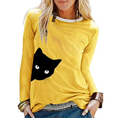 TUDUZ Camisas Mujer Manga Larga Blusas Impresión Tops Cuello Redondo Camisetas (Amarillo.h, M)
