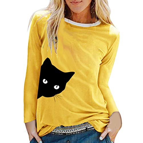 TUDUZ Camisas Mujer Manga Larga Blusas Impresión Tops Cuello Redondo Camisetas (Amarillo.h, M)