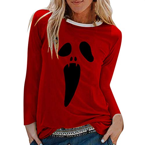 TUDUZ Camisas Mujer Manga Larga Blusas Impresión Tops Cuello Redondo Camisetas (Rojo .g, M)