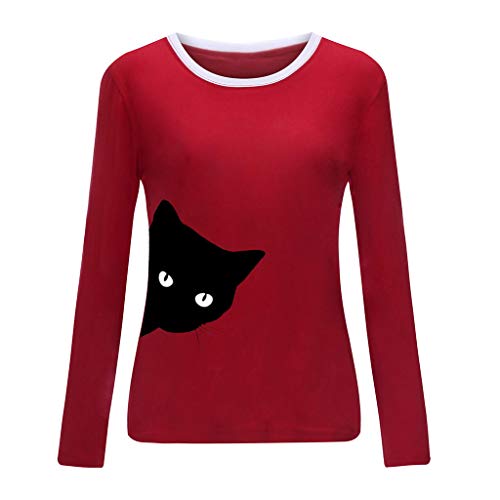 TUDUZ Camisas Mujer Manga Larga Blusas Impresión Tops Cuello Redondo Camisetas (Rojo.h, M)