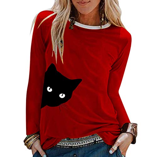 TUDUZ Camisas Mujer Manga Larga Blusas Impresión Tops Cuello Redondo Camisetas (Rojo.h, M)