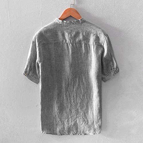 TUDUZ Camisetas Hombre Manga Corta Camisas de Algodón y Lino a Rayas Botón con Bolsillo Superior Top Ropa de Cuello V (Gris L)