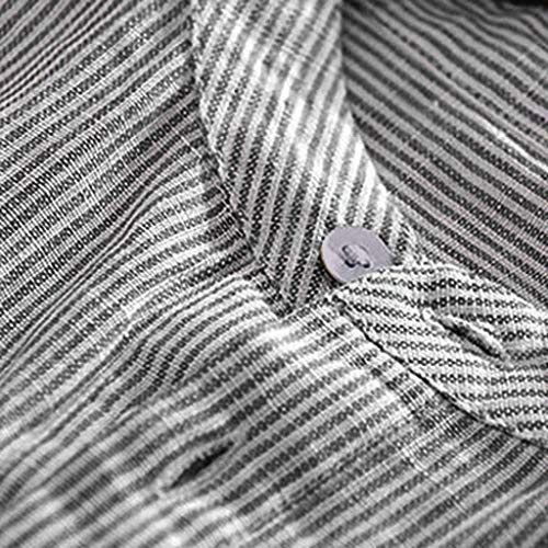 TUDUZ Camisetas Hombre Manga Corta Camisas de Algodón y Lino a Rayas Botón con Bolsillo Superior Top Ropa de Cuello V (Gris L)
