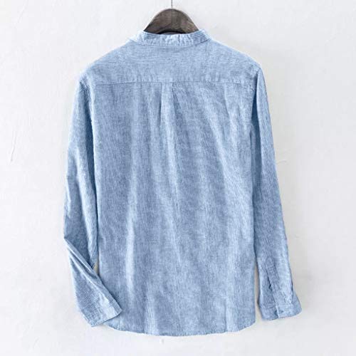 TUDUZ Camisetas Hombre Manga Larga Bordado De Rayas Camisas Algodón Y Lino Tops Botón Ropa Talla Extra (Azul, XXXL)