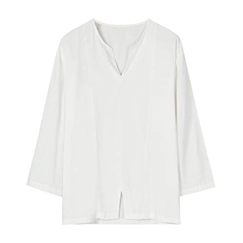 TUDUZ Camisetas Hombre Manga Larga Camisa Casual de Algodón y Lino en Color Liso Tops Mangas Siete Cuartos Ropa con Cuello en V (Blanco XXL)