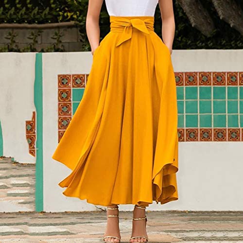 TUDUZ Falda De Cintura Alta para Mujer Faldas Largas Elegantes De Color Sólido Primavera Verano Falda Larga (Amarillo, L)