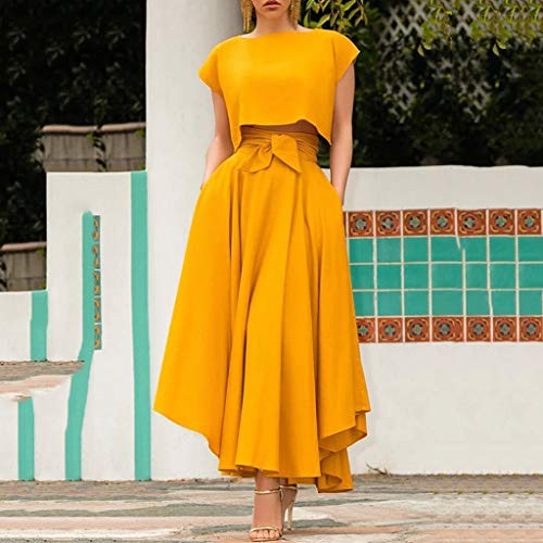 TUDUZ Falda De Cintura Alta para Mujer Faldas Largas Elegantes De Color Sólido Primavera Verano Falda Larga (Amarillo, L)