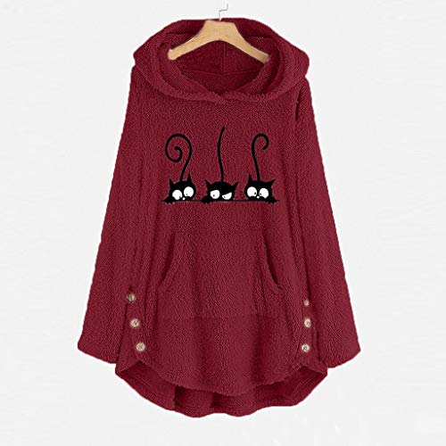TUDUZ Sudadera con Capucha Mujer Jersey Acrílico Lana Gato Pijama Hoodie Botón Abrigo Cálido Talla Extra S-5XL (VinoB, XXL)