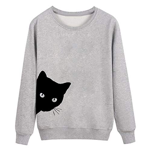 TUDUZ Sudaderas Sin Capucha Mujer Manga Larga Tops Estampado De Gato Camisas (Gris, XL)