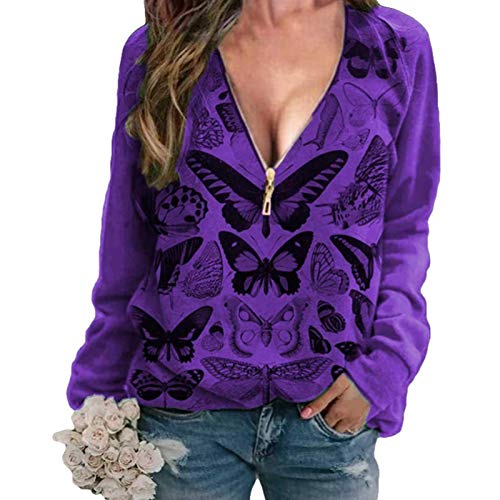 Túnica de Bloque de Color con Estampado de Mariposas para Mujer Camisas de Manga Larga con Cuello en V Blusas causales a Rayas Tops S/M/L/XL / 2XL