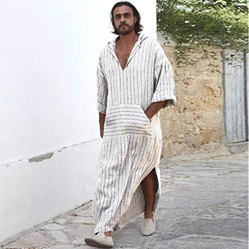Túnicas étnicas para Hombre Suelto a Rayas de Manga Larga con Capucha Vintage Casual Dress Kaftan