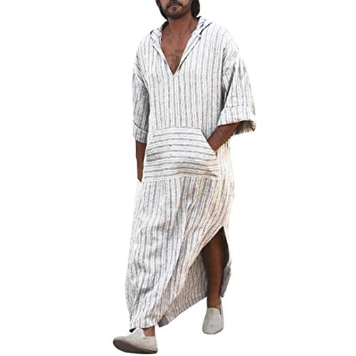 Túnicas étnicas para Hombre Suelto a Rayas de Manga Larga con Capucha Vintage Casual Dress Kaftan
