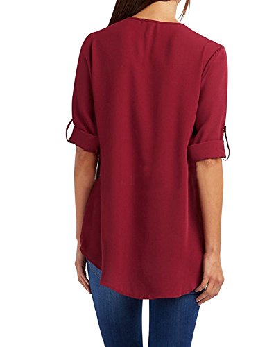 Tuopuda Blusas Camisetas de Gasa Ropa de Mujer Camisas Manga Ajustable Blusas Top (M, Rojo)