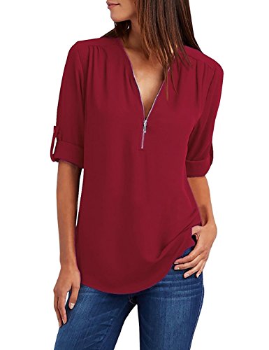 Tuopuda Blusas Camisetas de Gasa Ropa de Mujer Camisas Manga Ajustable Blusas Top (XL, Rojo)