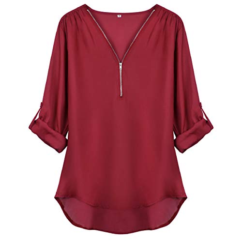 Tuopuda Blusas Camisetas de Gasa Ropa de Mujer Camisas Manga Ajustable Blusas Top (XL, Rojo)