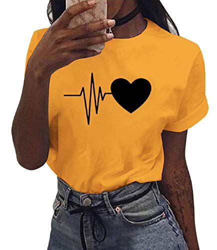 Tuopuda Camiseta de Mangas Cortas Mujer Corazón Impresión tee Clásico con Cuello en Redondo Basica Camiseta Ligera de Algodón Ablandado Verano Casual Tops