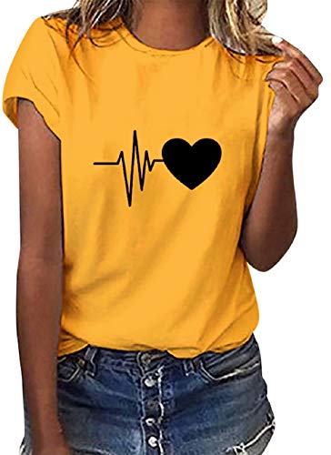 Tuopuda Camiseta de Mangas Cortas Mujer Corazón Impresión tee Clásico con Cuello en Redondo Basica Camiseta Ligera de Algodón Ablandado Verano Casual Tops