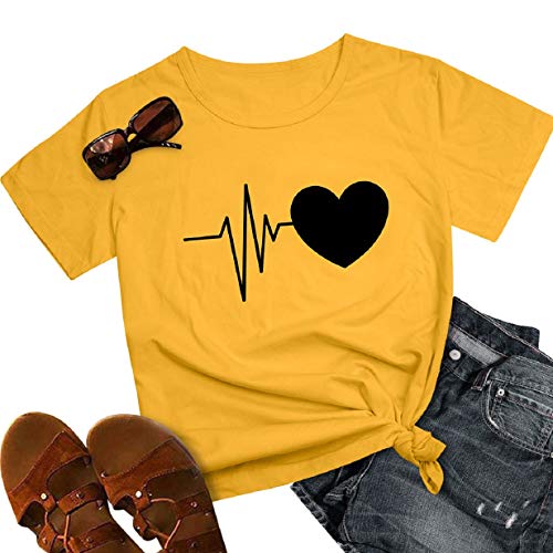 Tuopuda Camiseta de Mangas Cortas Mujer Corazón Impresión tee Clásico con Cuello en Redondo Basica Camiseta Ligera de Algodón Ablandado Verano Casual Tops