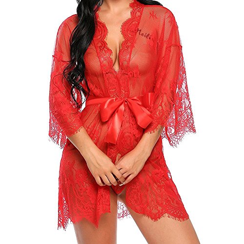 Tuopuda Mujer Bata Kimono Encaje Dormir Babydoll Camisón Malla y Tanga Conjunto y Cinturón