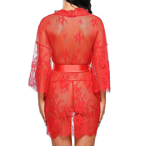 Tuopuda Mujer Bata Kimono Encaje Dormir Babydoll Camisón Malla y Tanga Conjunto y Cinturón