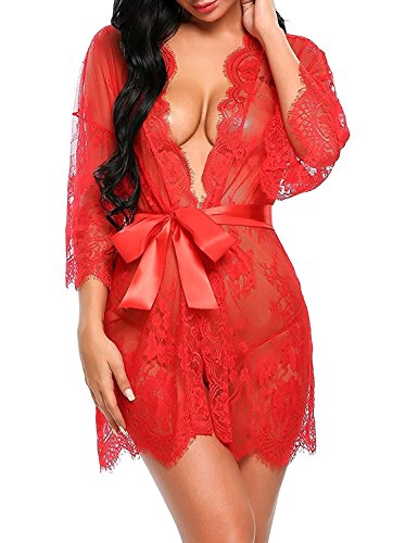 Tuopuda Mujer Bata Kimono Encaje Dormir Babydoll Camisón Malla y Tanga Conjunto y Cinturón