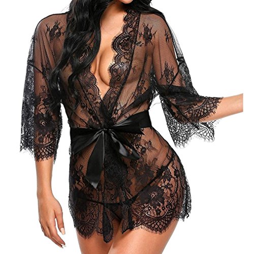 Tuopuda Mujer Bata Kimono Encaje Dormir Babydoll Camisón Malla y Tanga Conjunto y Cinturón