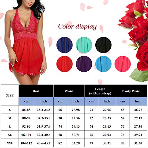 Tuopuda Mujer Lencería Encaje Babydoll Cuello en V Pijama Semi Transparente de Verano Halter sin Mangas Atractivas Floral Encaje Camisa de señora+Braguita