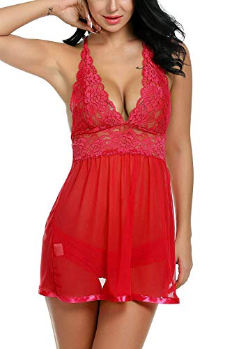 Tuopuda Mujer Lencería Encaje Babydoll Cuello en V Pijama Semi Transparente de Verano Halter sin Mangas Atractivas Floral Encaje Camisa de señora+Braguita