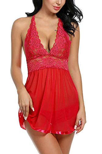 Tuopuda Mujer Lencería Encaje Babydoll Cuello en V Pijama Semi Transparente de Verano Halter sin Mangas Atractivas Floral Encaje Camisa de señora+Braguita