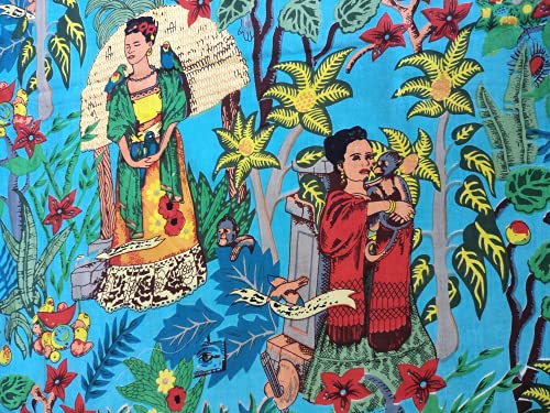 Turquiose Dress Making Frida Khalo 100% algodón para correr, tela de algodón, tela hippie, tela kimono, tela boho, tela gitana, tela de verano, tela de costura suelta (5 yardas)