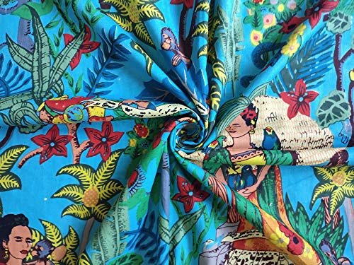 Turquiose Dress Making Frida Khalo 100% algodón para correr, tela de algodón, tela hippie, tela kimono, tela boho, tela gitana, tela de verano, tela de costura suelta (5 yardas)