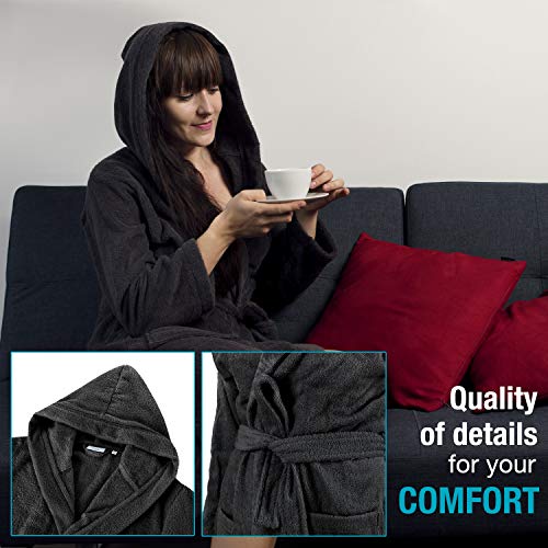 Twinzen Bata Mujer, Albornoz de baño (XL, Gris Oscuro) - Oeko Tex, No Producto Químico - Albornoz de Algodón con Capucha, 2 Bolsillos, Cinturón para Mujer - Bata Baño Suave, Absorbente y Cómoda