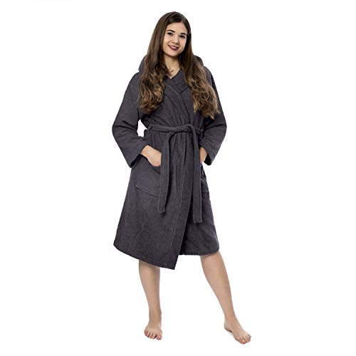 Twinzen Bata Mujer, Albornoz de baño (XL, Gris Oscuro) - Oeko Tex, No Producto Químico - Albornoz de Algodón con Capucha, 2 Bolsillos, Cinturón para Mujer - Bata Baño Suave, Absorbente y Cómoda