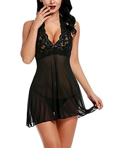u&h Ropa de Noche Atractiva del camisón de Las Mujeres de la Ropa Interior erótica Cabestro muñeca del cordón de Cuello en V Lenceria,Negro,M
