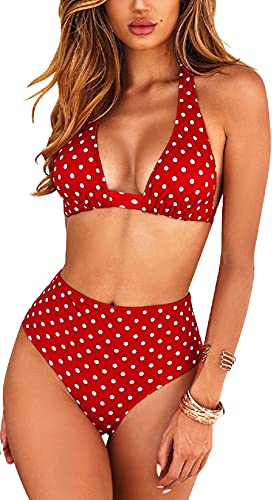 UMIPUBO Bikini de Mujer Conjunto de 2 Piezas de Cuello Halter Traje de Baño Bañador de Baño Conjunto de Bikini de Playa Cintura Alta Bra Tops y Braguitas para el Verano (A, L)
