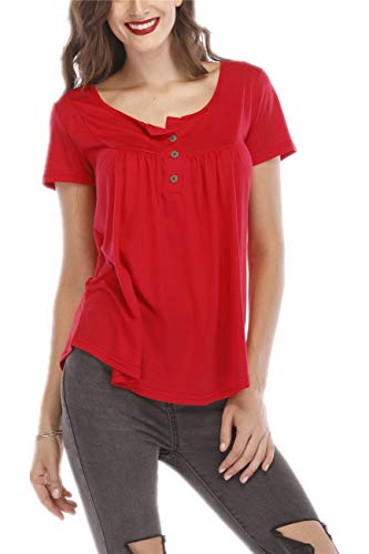 UMIPUBO Bluas de Mujer Camisa Algodón Blusa Mujer Elegante Manga Corta Camisa Suelta Mujer Casual Verano Shirts (Rojo, L)
