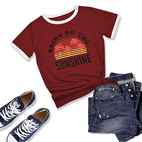 UMIPUBO Bluas de Mujer Camisa Algodón Cuello Redondo Basica Blusa Mujer Elegante Bring On The Sunshine Print Manga Corta Larga Camisa Suelta Mujer Casual Suelto Verano Invierno Primavera T-Shirts Tops